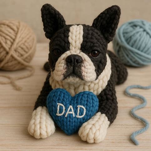 Knitted Boston Terrier with a blue heart that says DAD