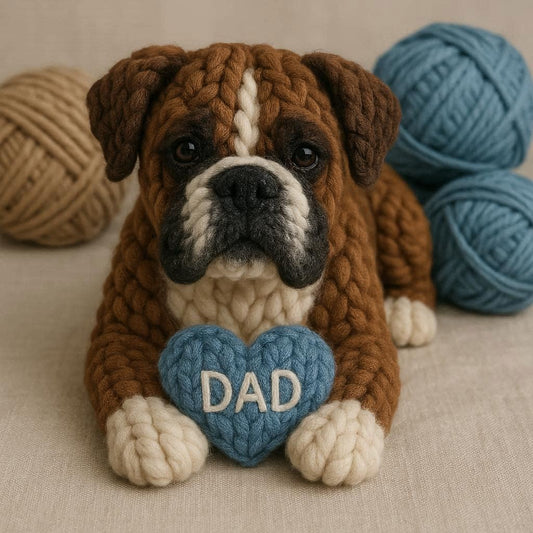 Knitted Boxer Dog with a blue heart that says DAD