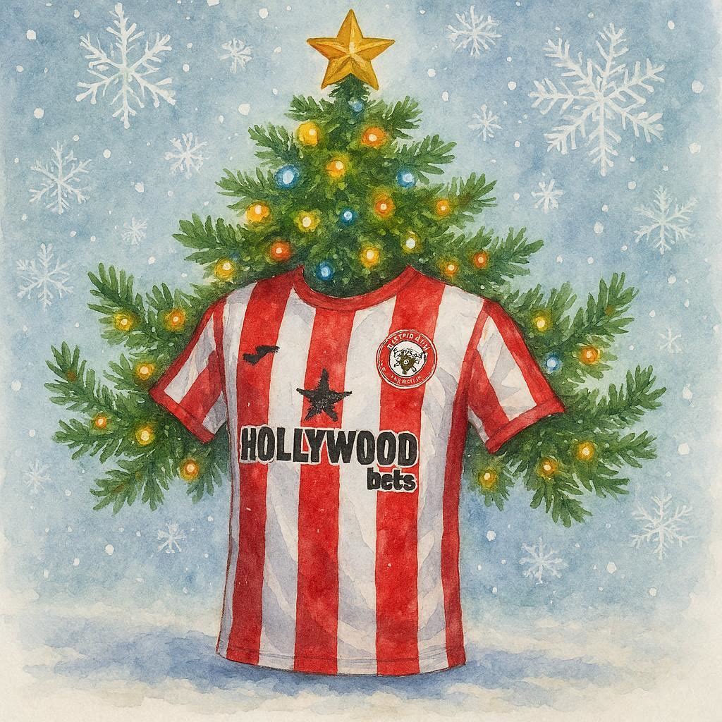 Brentford shirt  in front of a Christmas tree with lights and snowflakes on a blue background.