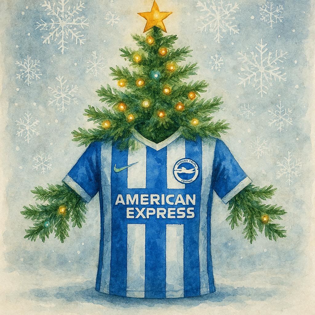 Christmas tree with a Brighton and Hove football shirt on it, set against a snowy background.