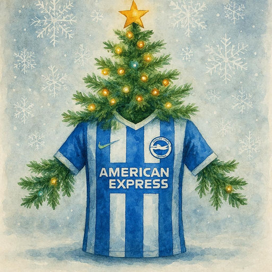 Christmas tree with a Brighton and Hove football shirt on it, set against a snowy background.
