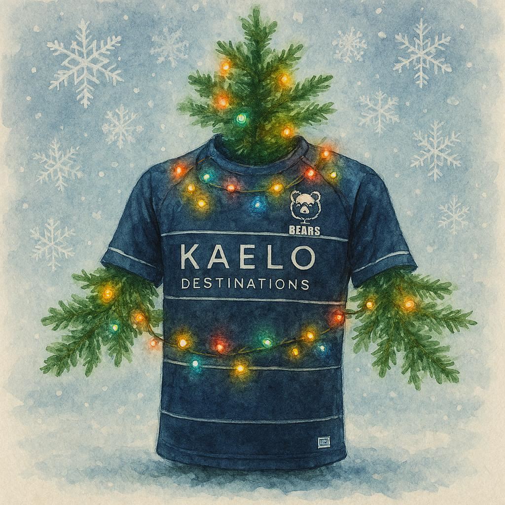 Christmas card featuring Bristol Bears Rugby Shirt Christmas tree, and lights on a snowy background