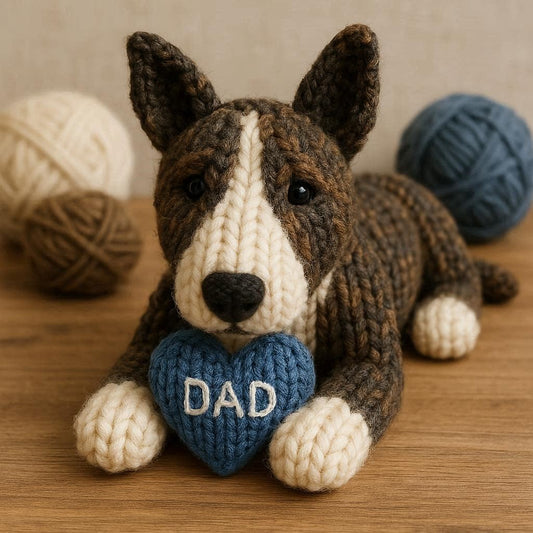 Knitted Bull Terrier with a blue heart that says DAD