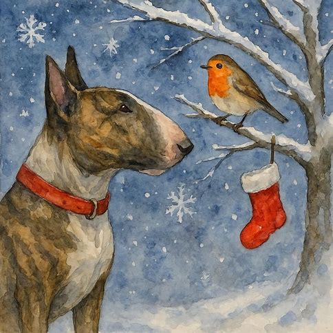 Christmas Card featuring a bull terrier and robin in a snowy scene with a stocking.