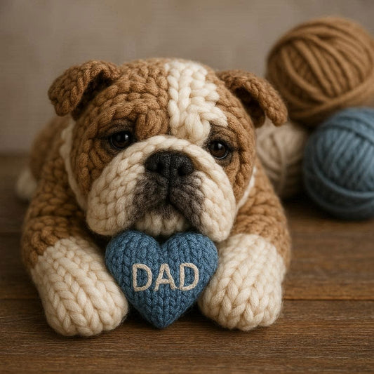 Knitted bulldog with a blue heart that says DAD