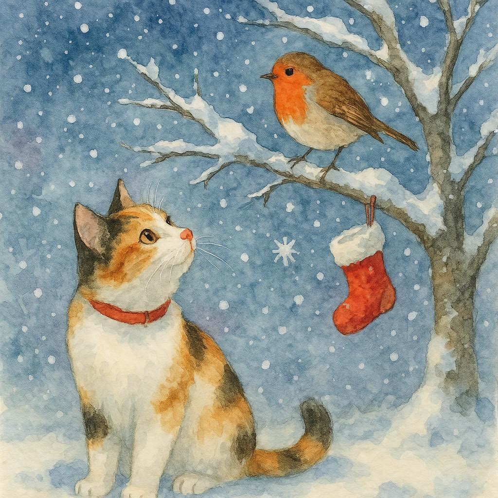 Christmas card featuring a Calico cat and robin in a snowy scene with a stocking.