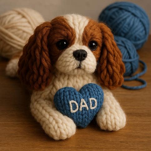 Knitted Cavalier with a blue heart that says DAD 