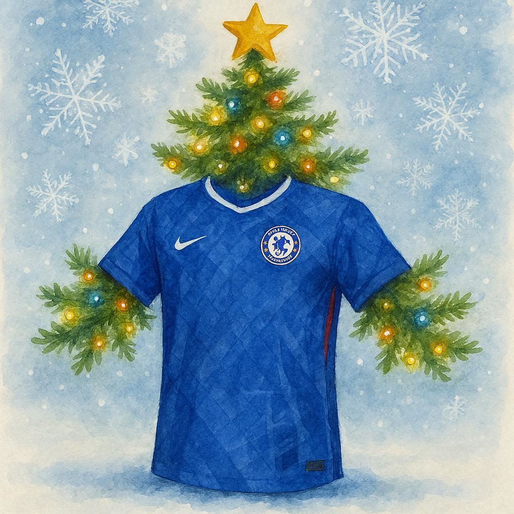 Chelsea football shirt with a Christmas against a snowy background