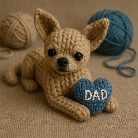 Knitted Chihuahua with a blue heart that says DAD