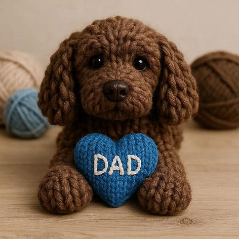 Knitted Chocolate Cockapoo with a blue heart that says DAD