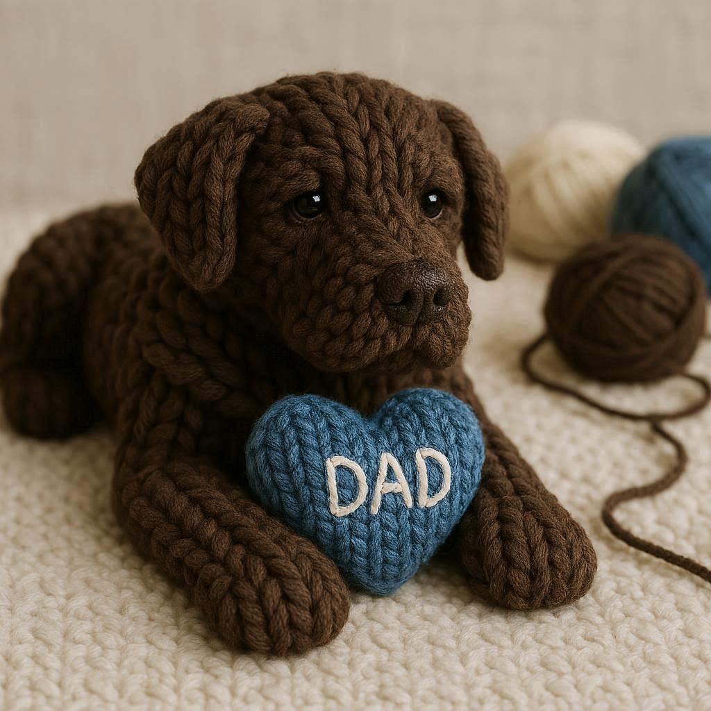 Knitted Chocolate Labrador with a blue heart that says DAD