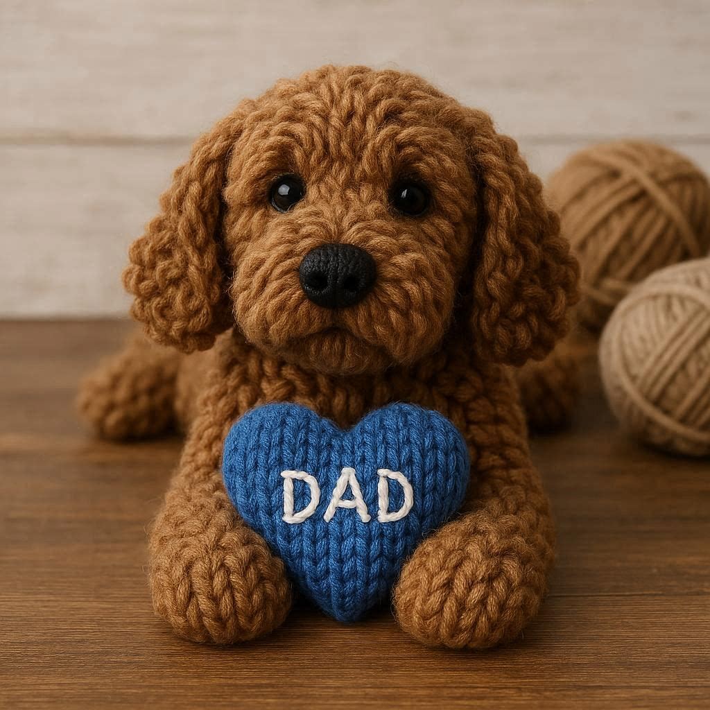 Knitted Cockapoo with a blue heart that says DAD