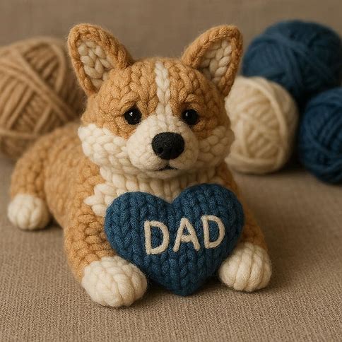 Knitted Corgi with a blue heart that says DAD