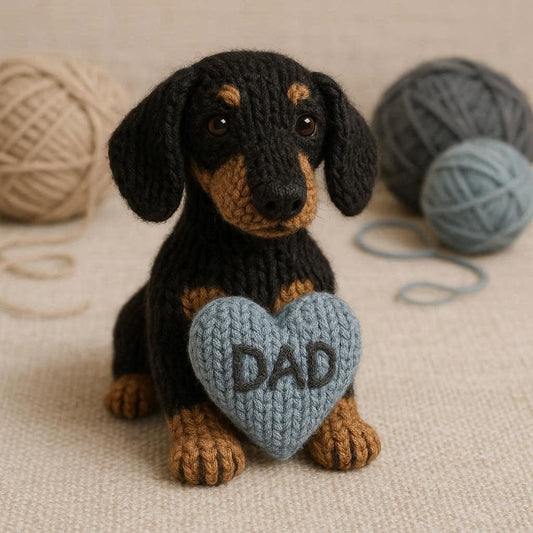 Knitted dachshund with a blue heart that says DAD
