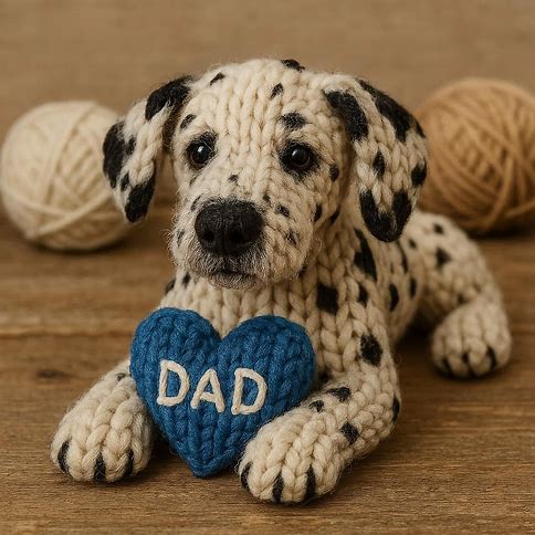 Knitted Dalmatian with a blue heart that says DAD