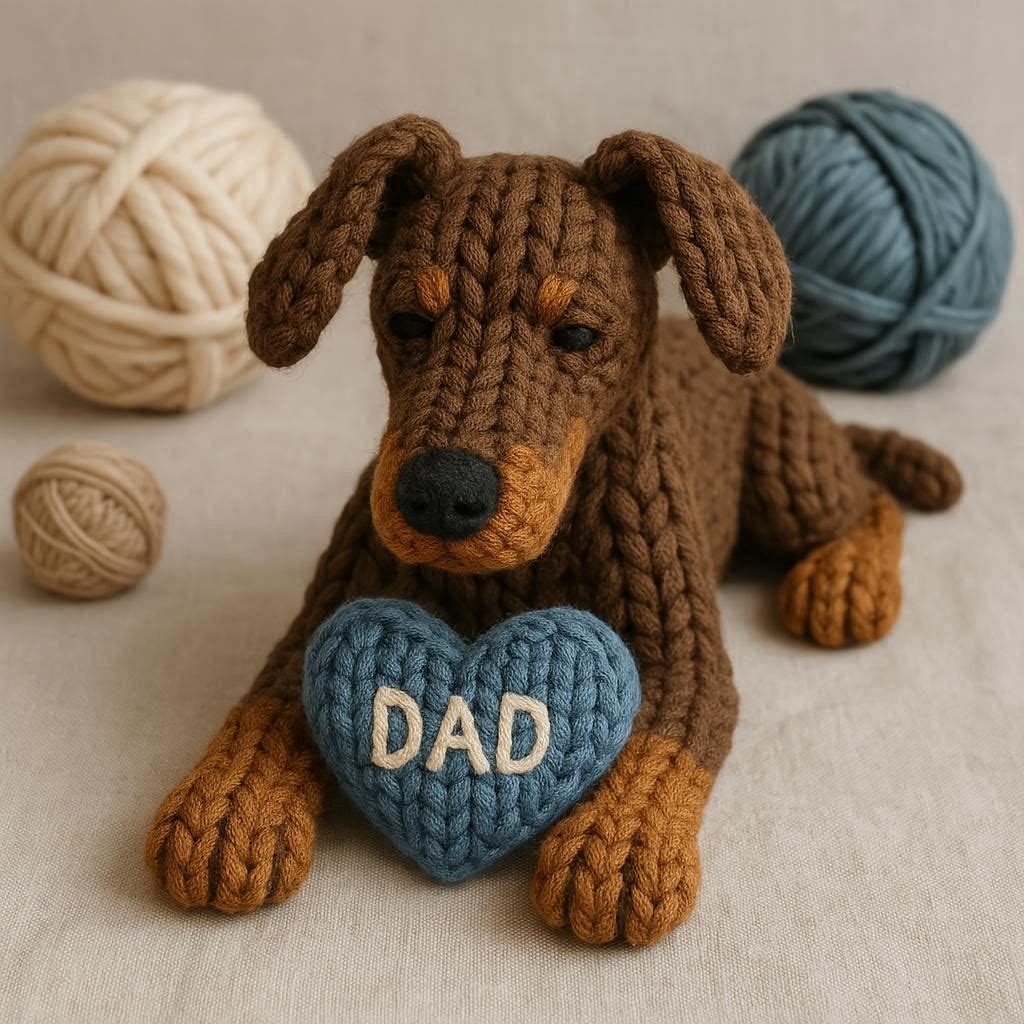 Knitted Doberman with a blue heart that says DAD