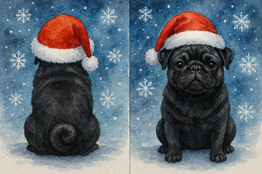 Front and back of Black Pug Christmas Card
