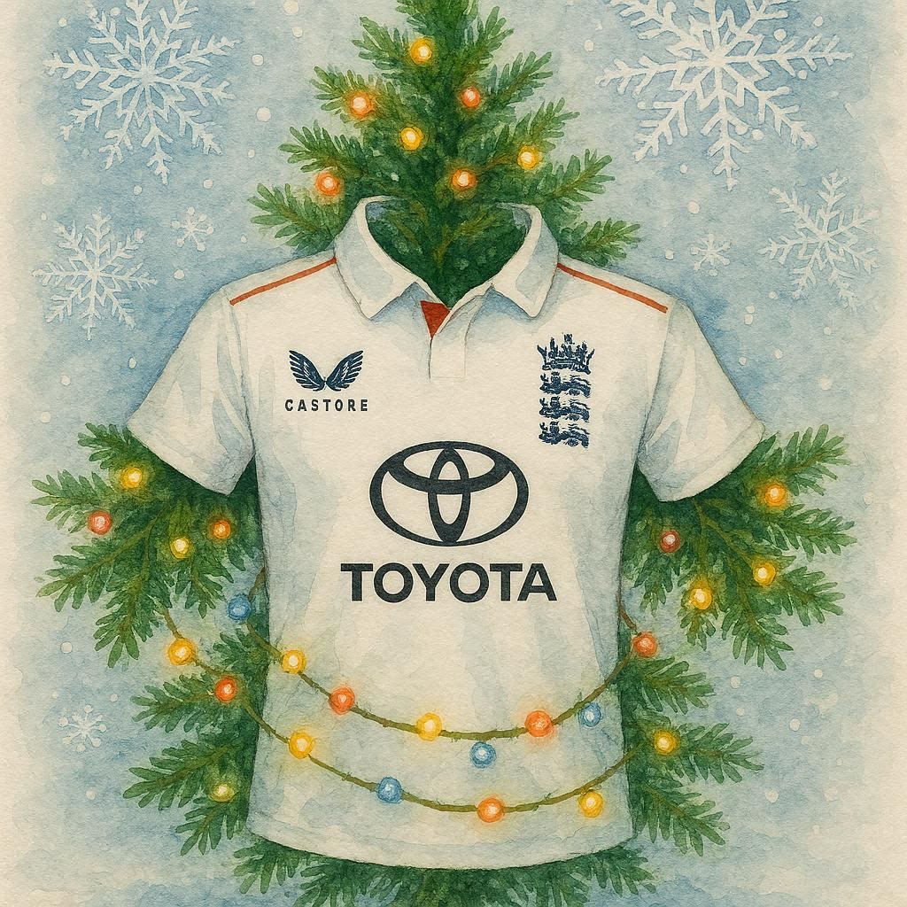 Christmas card featuring an England Cricket Shirt, Christmas tree and lights on a snowy background