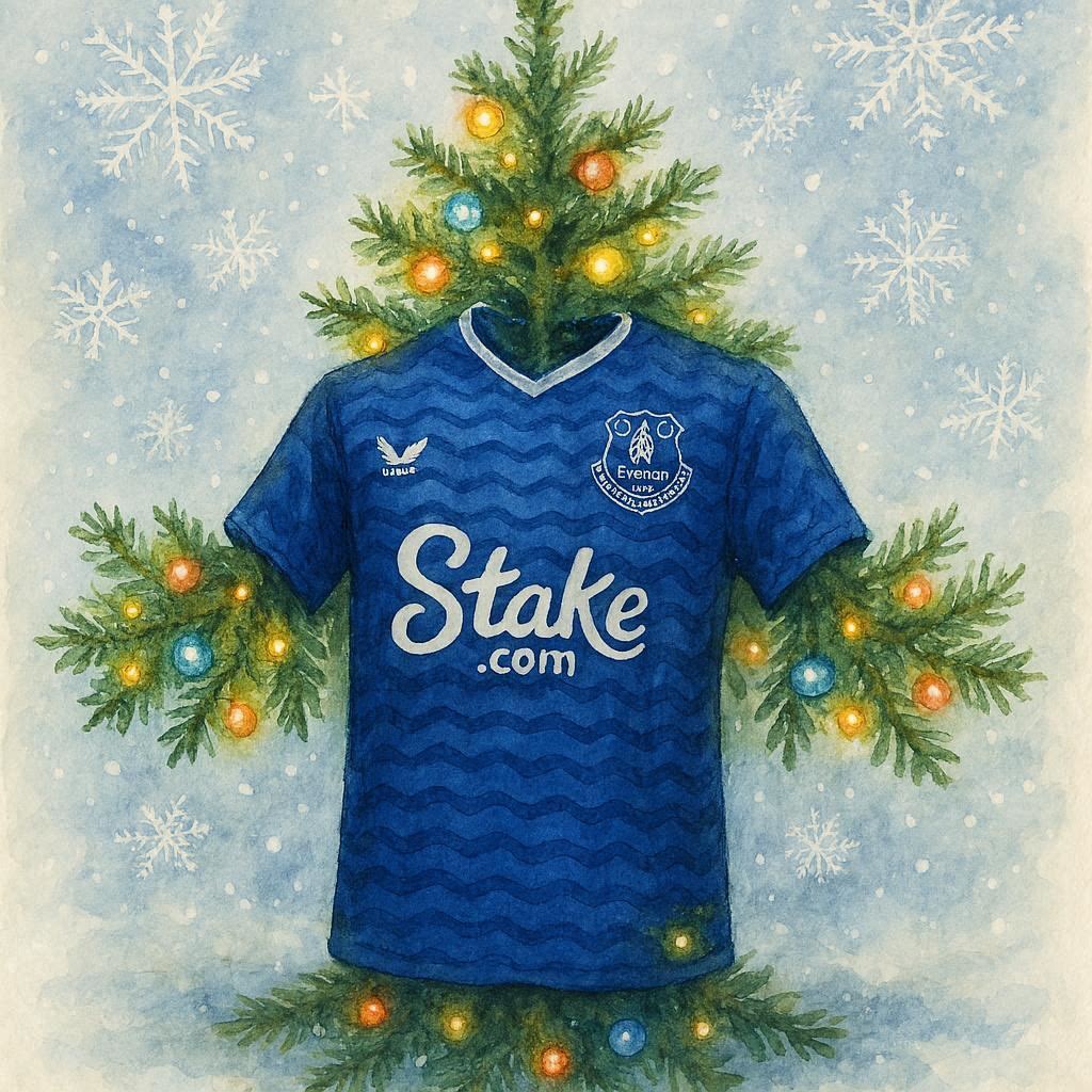 Everton Football shirt on a Christmas tree background