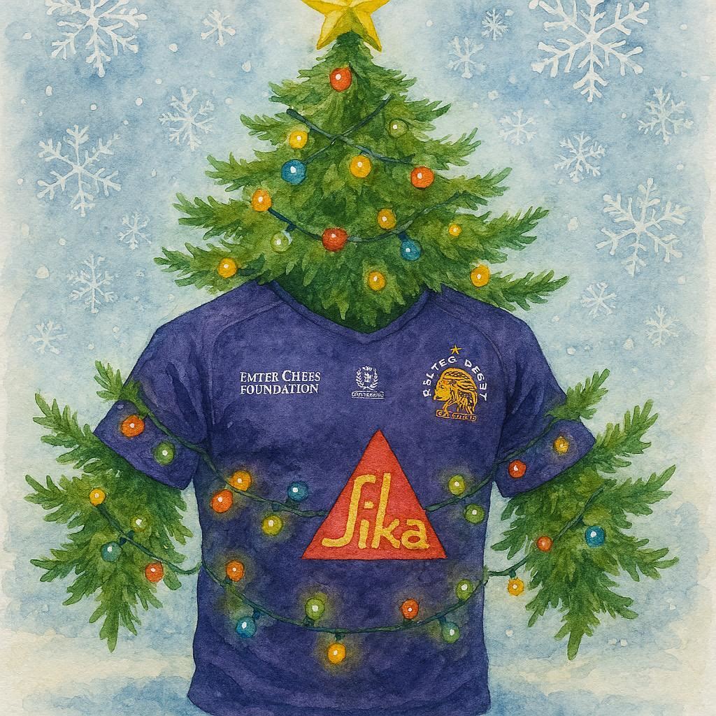 Exeter Chiefs Rugby Shirt decorated like a Christmas tree with lights and a star on a snowy background.