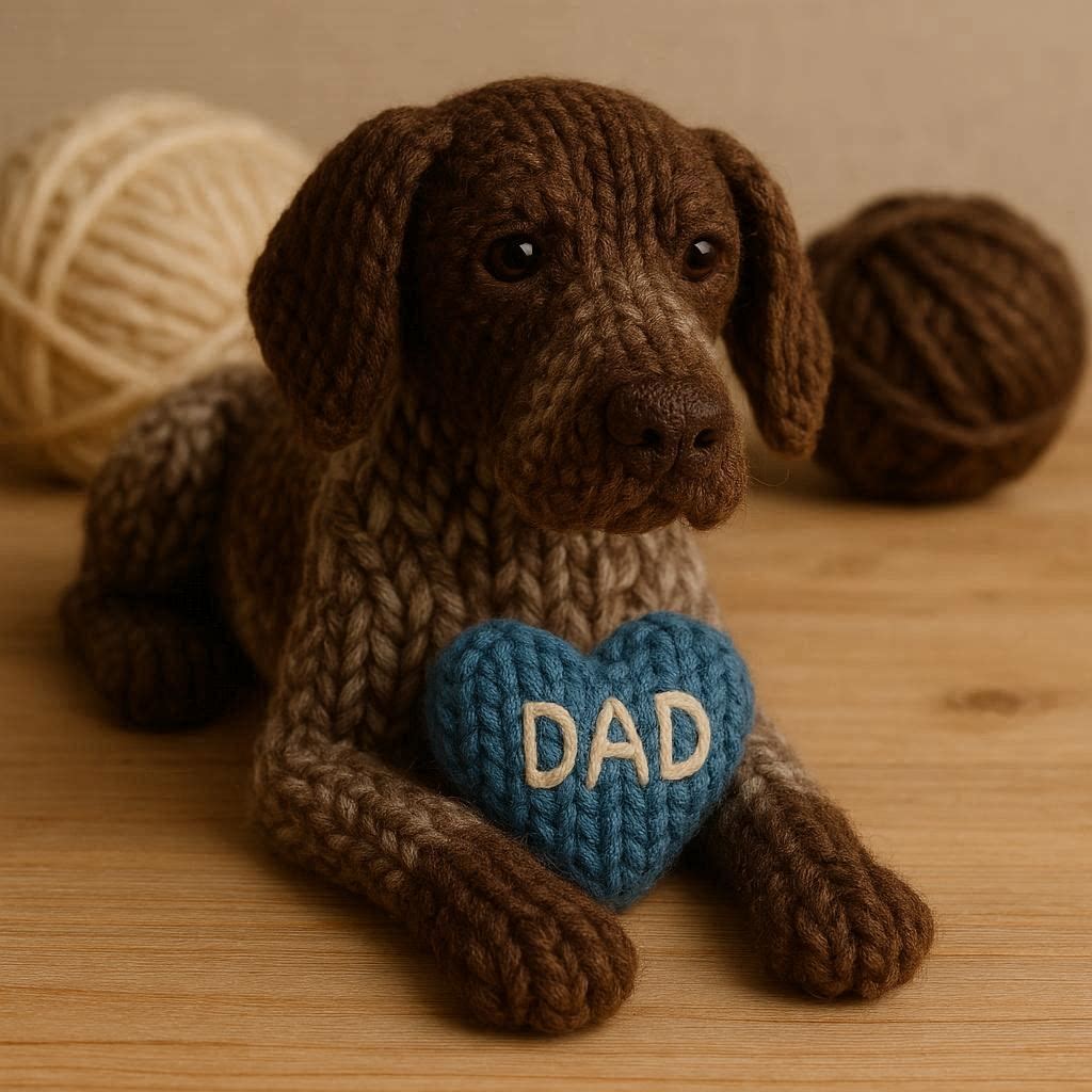 Knitted German Pointer with a blue heart that says DAD