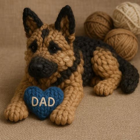 Knitted German Shepherd with a blue heart that says DAD