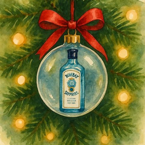 Decorative ornament with Bombay Sapphire bottle on a Christmas tree