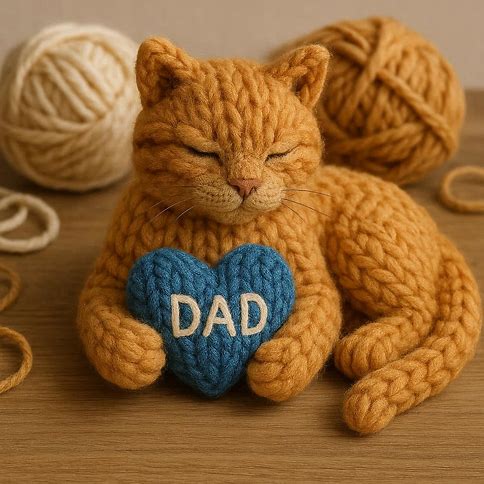 Knitted ginger cat with a blue heart that says DAD
