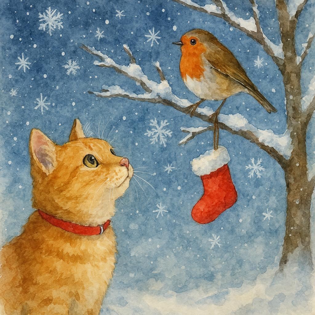Christmas card featuring a ginger cat and robin snowy scene