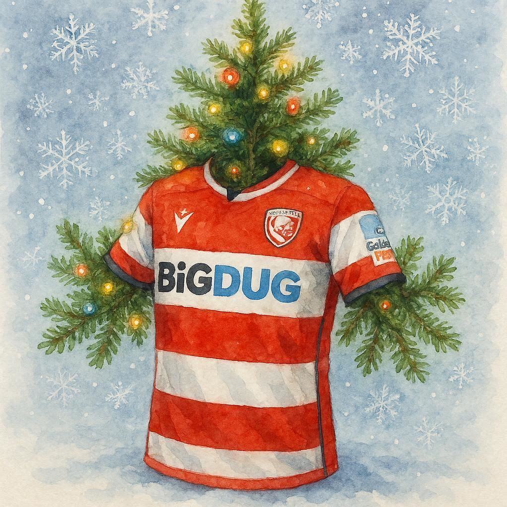 Gloucester Rugby Shirt and a Christmas tree on a snowy background