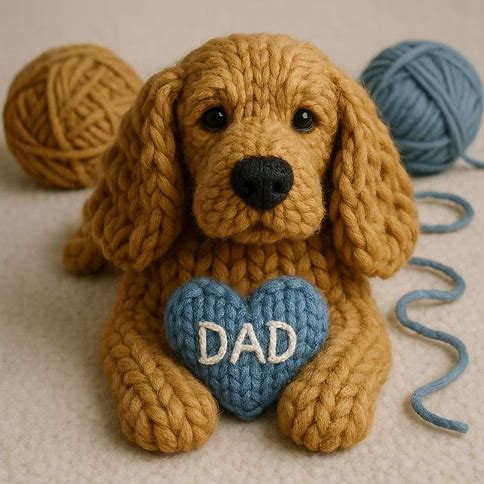 Knitted Golden Cocker Spaniel with a blue heart that says DAD
