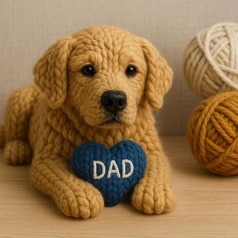 Knitted golden retriever with a blue heart that says DAD