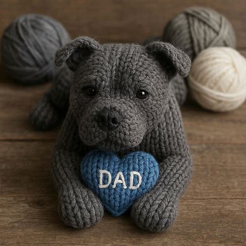 Knitted grey staffie with a blue heart that says DAD

