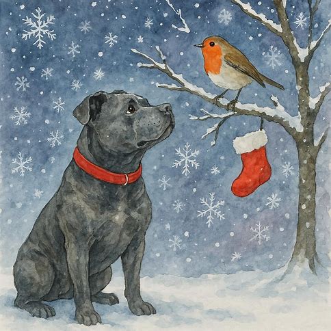 Christmas card featuring a grey staffie and robin in a snowy scene with a stocking and tree.