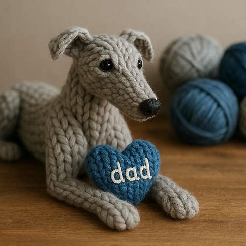 Knitted greyhound with a blue heart that says DAD