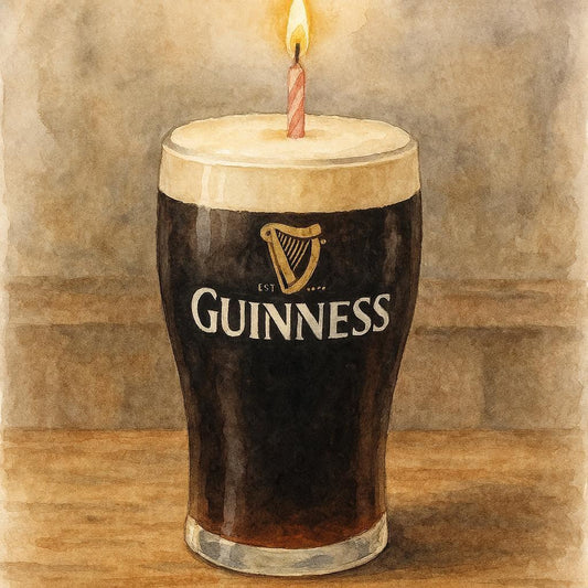 Birthday card featuring a pint of Guinness dark beer with a single lit candle on top