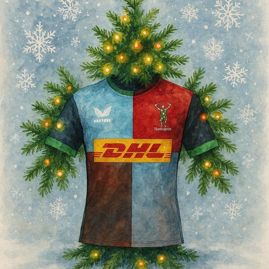 Christmas Harlequin Rugby shirt with tree and lights on a snowy backgroud