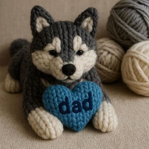 Knitted Husky with a blue heart that says DAD