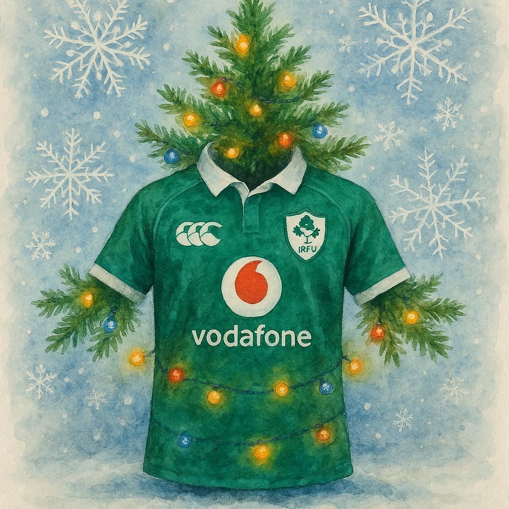 Ireland Rugby Shirt and Christmas tree on head against a snowy background