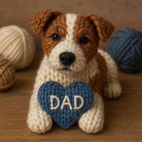 Knitted Jack Russell with a blue heart that says DAD