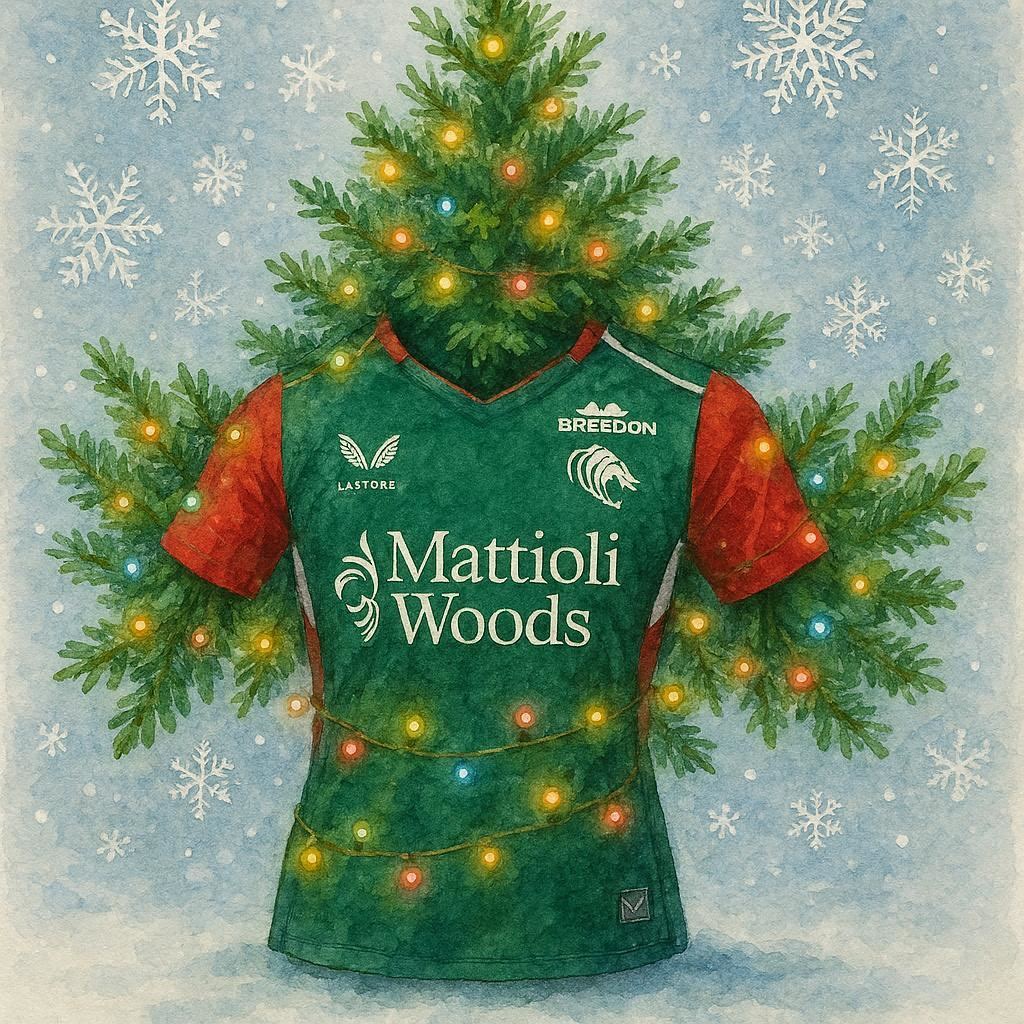 Christmas card featuring Leicester Tiger Rugby Shirt and a  Christmas tree branches and lights on a snowy background.