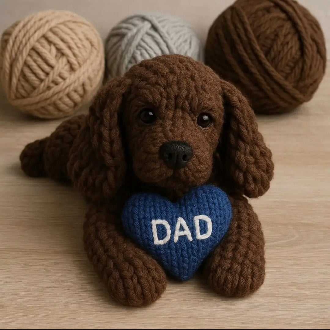 Knitted Cocker Brown Spaniel with a blue heart that says DAD