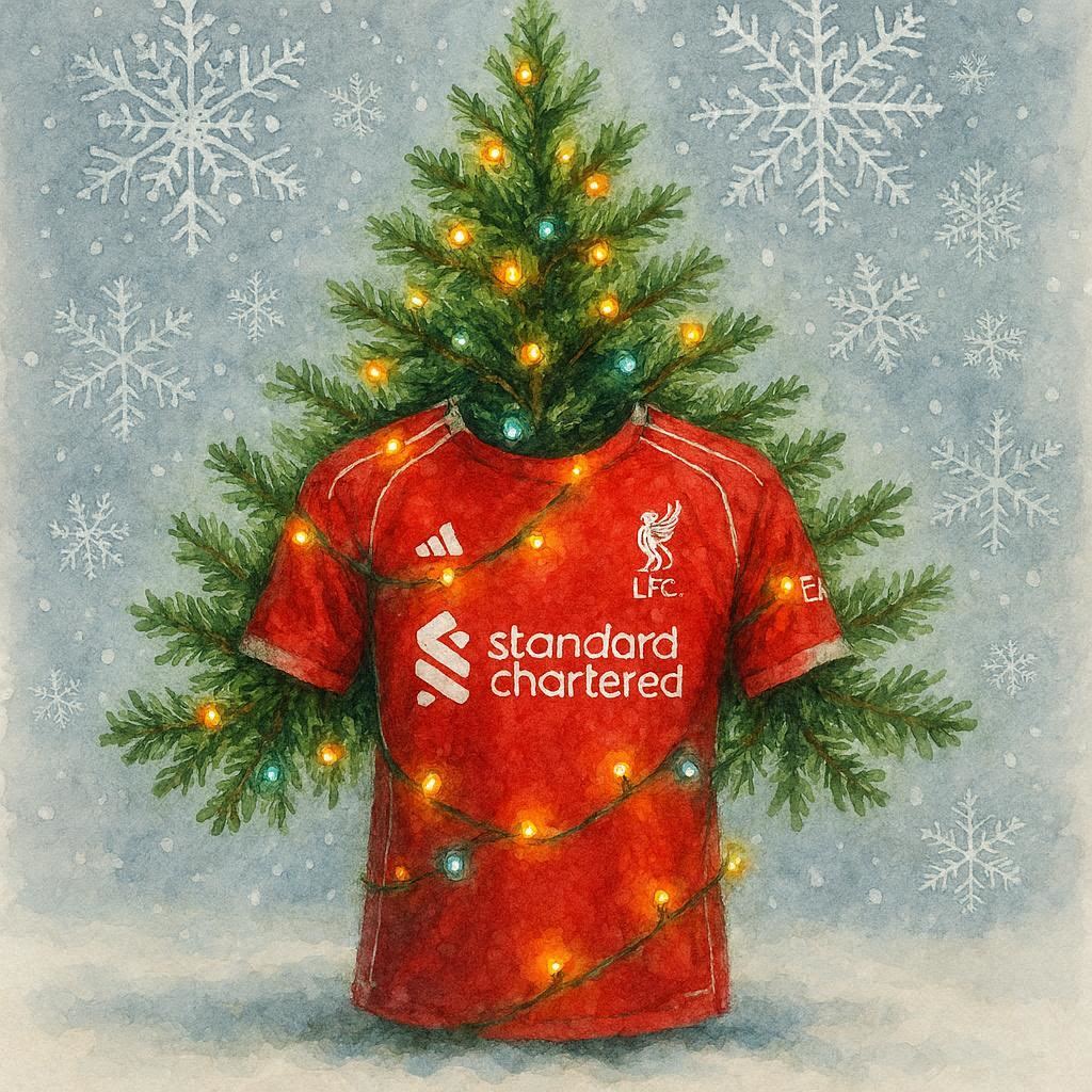 Red Liverpool FC shirt with Christmas tree and lights on a snowy background