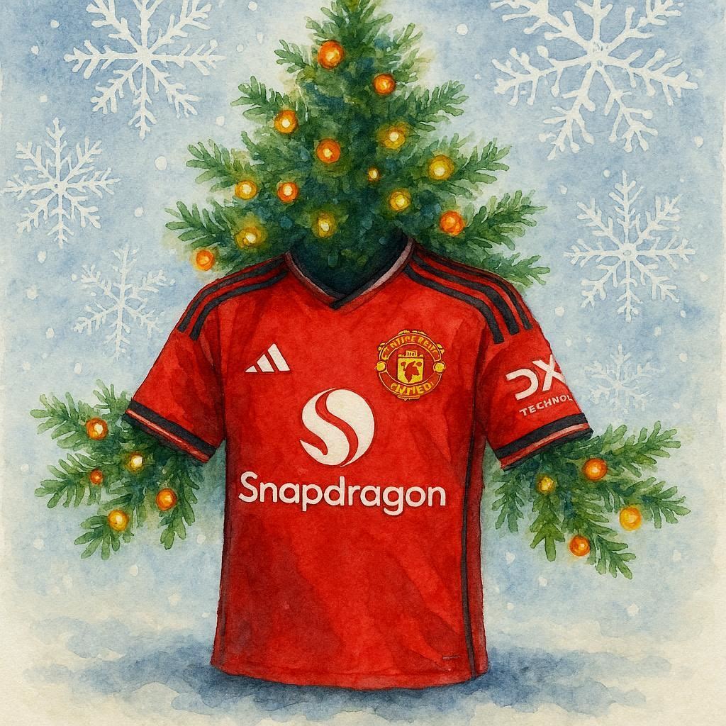 Christmas Card with Man United Shirt with Christmas tree branches and ornaments on a snowy background
