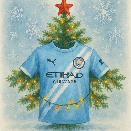 Christmas-themed design with a Man CIty, Christmas tree, and lights on a snowy background