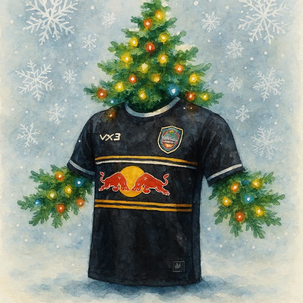 Newcastle Red Bulls Rugby shirt and a Christmas tree on top against a snowy background