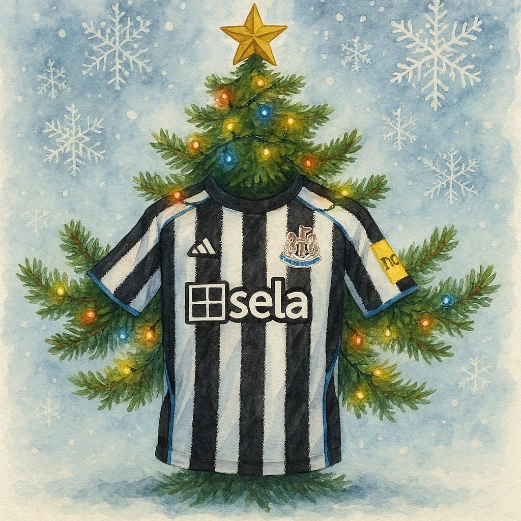 Newcastle United football shirt under a Christmas tree with lights and snowflakes on a blue background