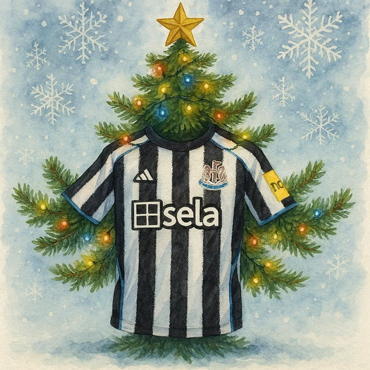 Newcastle United football shirt under a Christmas tree with lights and snowflakes on a blue background