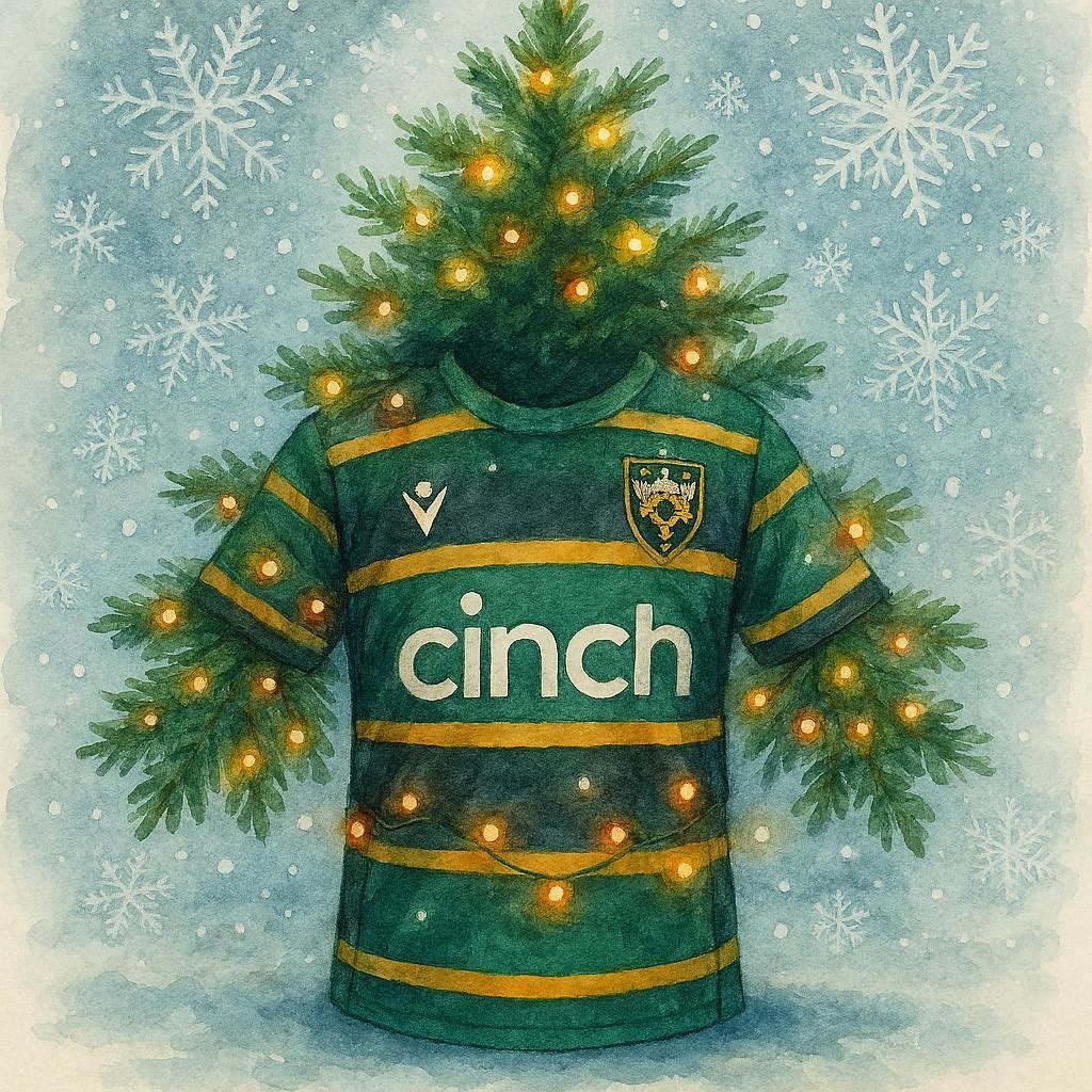 Christmas card featuring a Northampton Rugby Shirt and Christmas tree lights and decorations on a snowy background.
