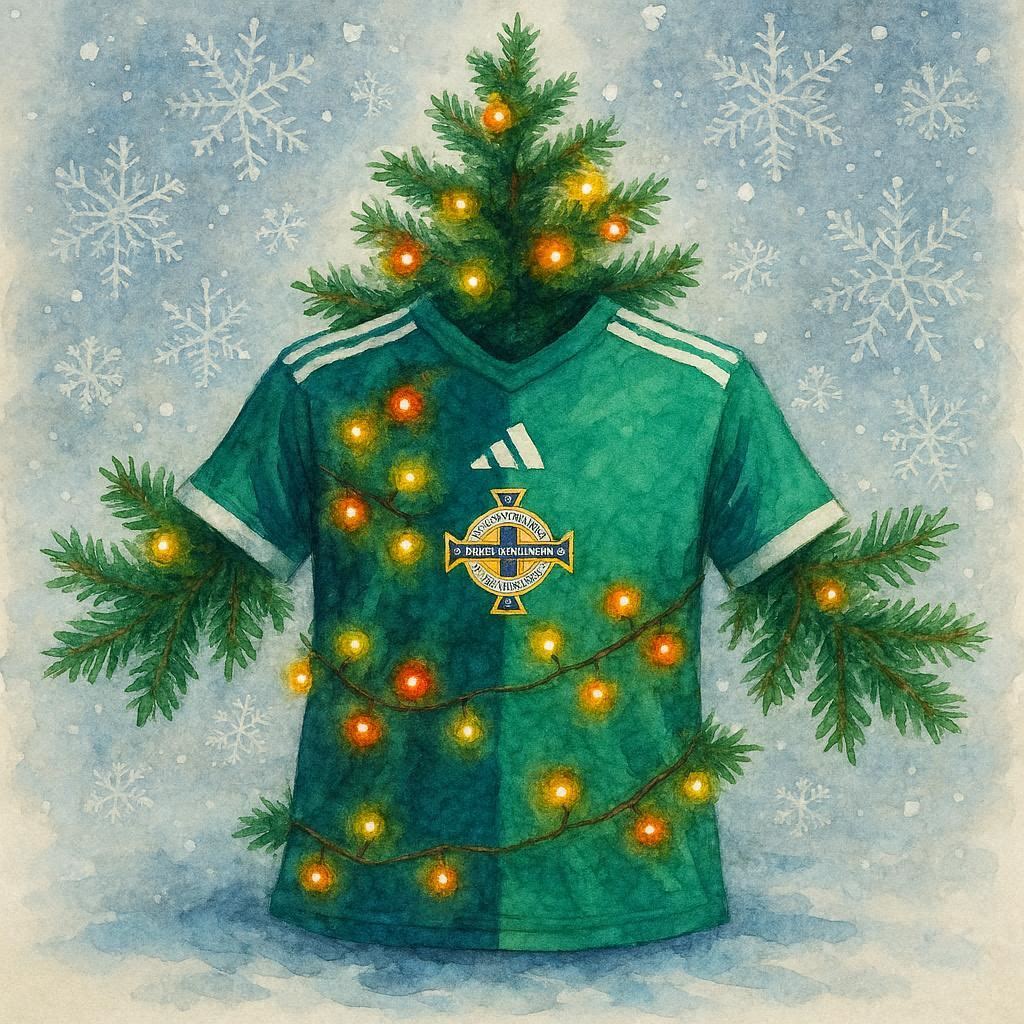Christmas card featuring Northerin Ireland Football Shirt with Christmas lights and tree branches on a snowy background